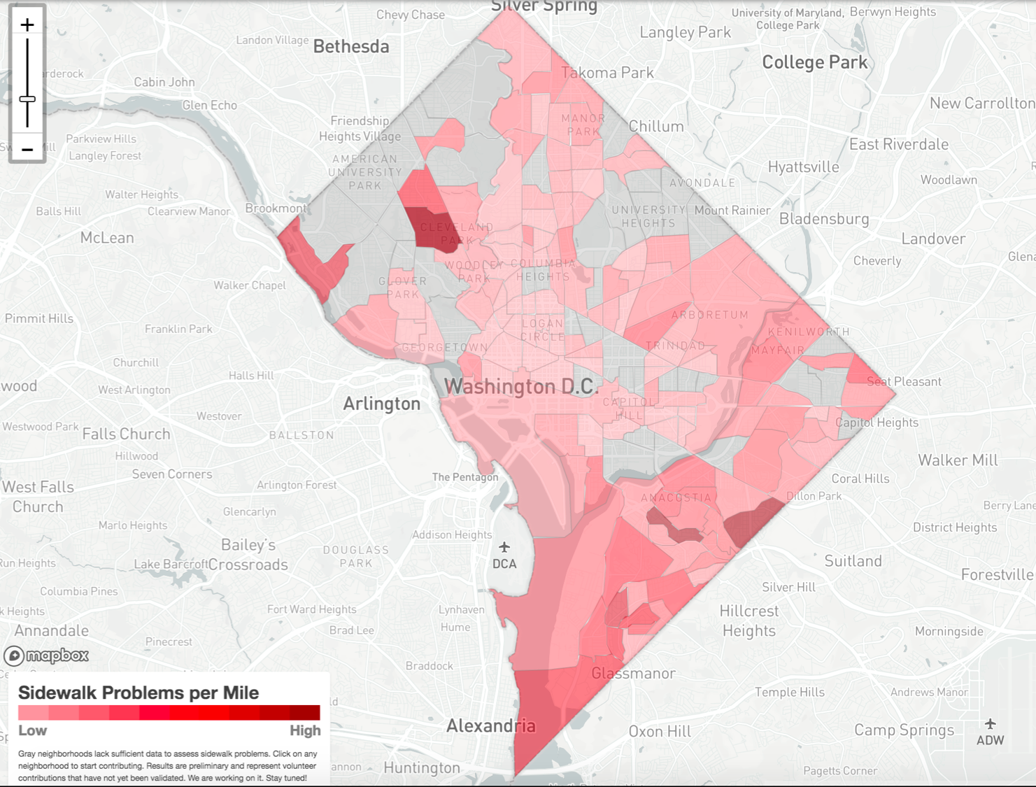 Map showing DC sidewalk problems